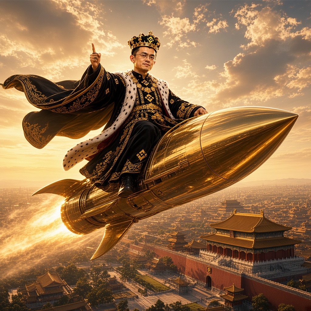 币安皇帝 riding a golden rocket